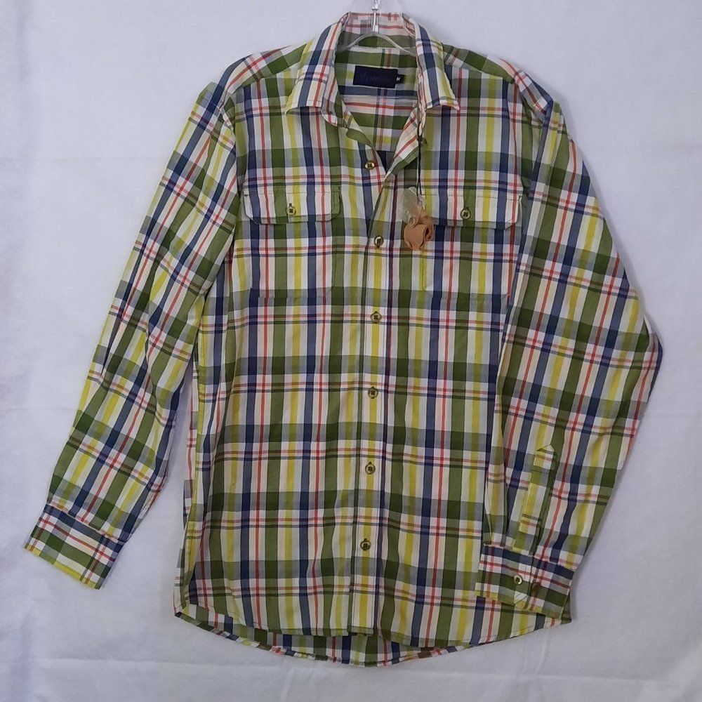NWT Blue Star White with Green, Yellow, Blue and Red Plaid Dress Shirt Men's Med